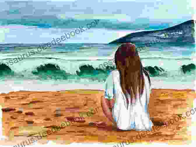 A Painting Of A Young Woman Sitting On A Beach, Looking Out To Sea. The Woman Is Dressed In A White Dress And Has Long, Flowing Hair. The Beach Is Empty And The Sea Is Calm. The Painting Is In A Muted Color Palette, With Shades Of Blue, Green, And White. Claude At The Beach Alex T Smith