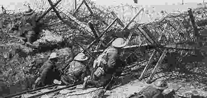 Soldiers Enduring The Squalid Conditions Of Trench Warfare, With Barbed Wire And Artillery Fire In The Background In Battle Captivity 1916 1918: A British Officer S Memoirs Of The Trenches And A German Prison Camp (Eyewitnesses From The Great War)
